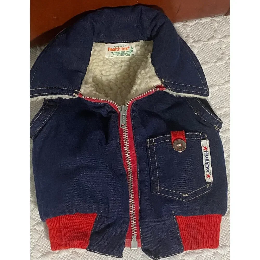 Vtg Blue Infant Jean Vest Faux Sheep Wool Fur Health-tex, Zip up, 9 months